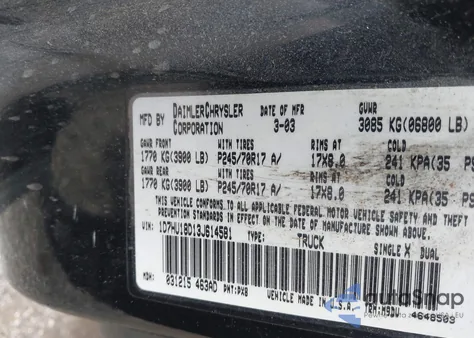 2003 Dodge Ram 1500 Slt/Laramie/St из США, поврежденный, VIN 1D7HU18D13J614581